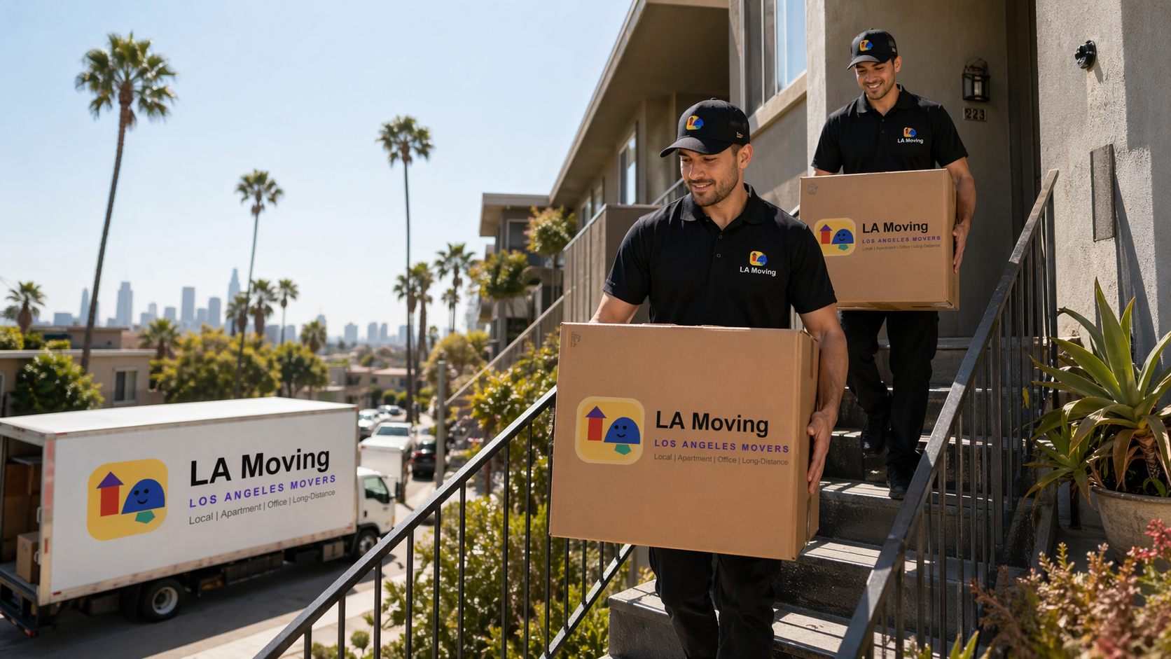 Four LA Moving crew members standing in front of a branded truck outside a Los Angeles residence