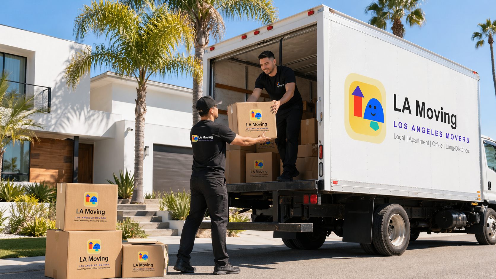 LA Moving crew passing a box down a truck ramp outside a modern home