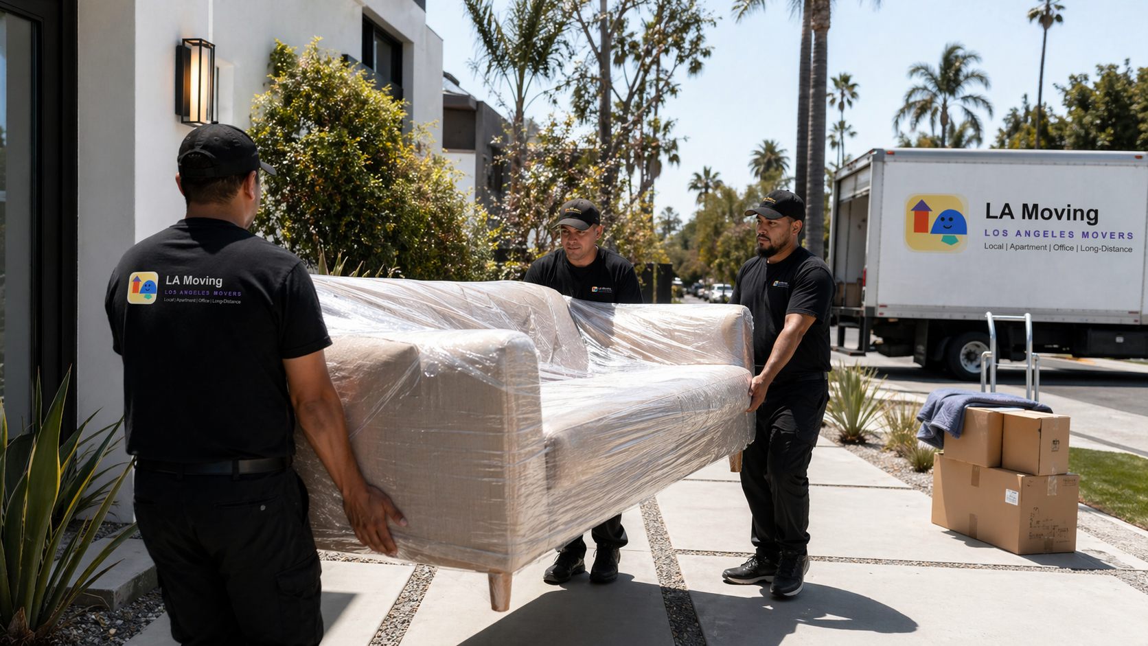 LA Moving truck loaded with moving pads and protected inventory overlooking the Los Angeles skyline
