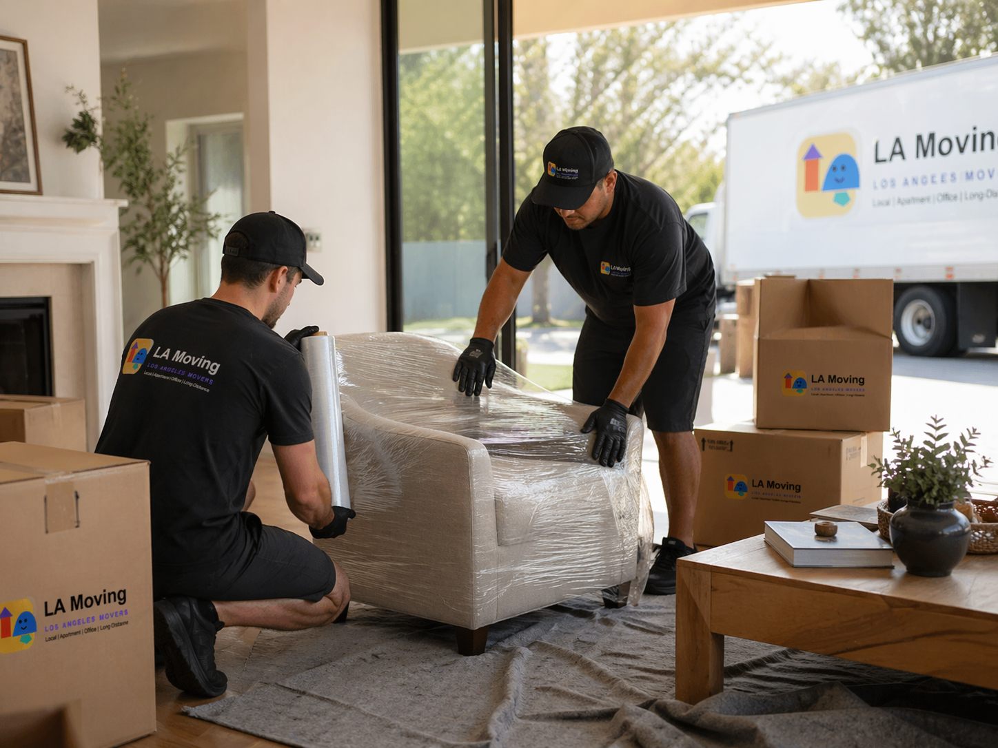 LA Moving movers wrapping a chair inside a living room before loading