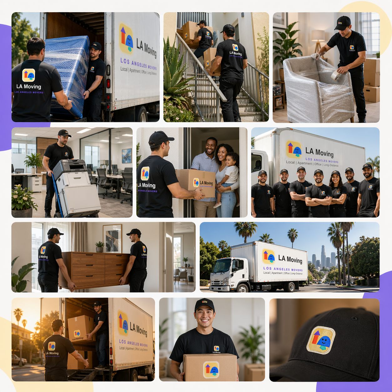 LA Moving mover taping wrapped furniture inside a Los Angeles living room before transport